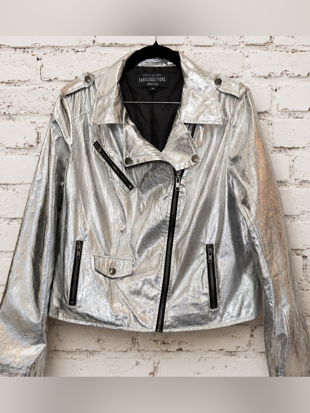 NWOT-Donna Salyers Fabulous Furs Silver Moto Jacket Fully Lined -Metallic M